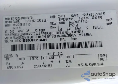 2018 Ford F-150 Xl z USA, uszkodzony, nr VIN 1FTEX1EB0JFD13601